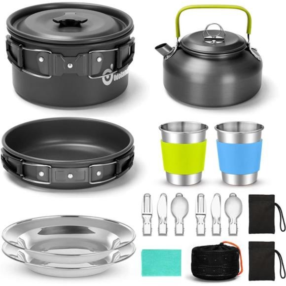15pcs Camping Cookware Mess Kit Non-Stick Lightweight Pot Pan Kettle Set